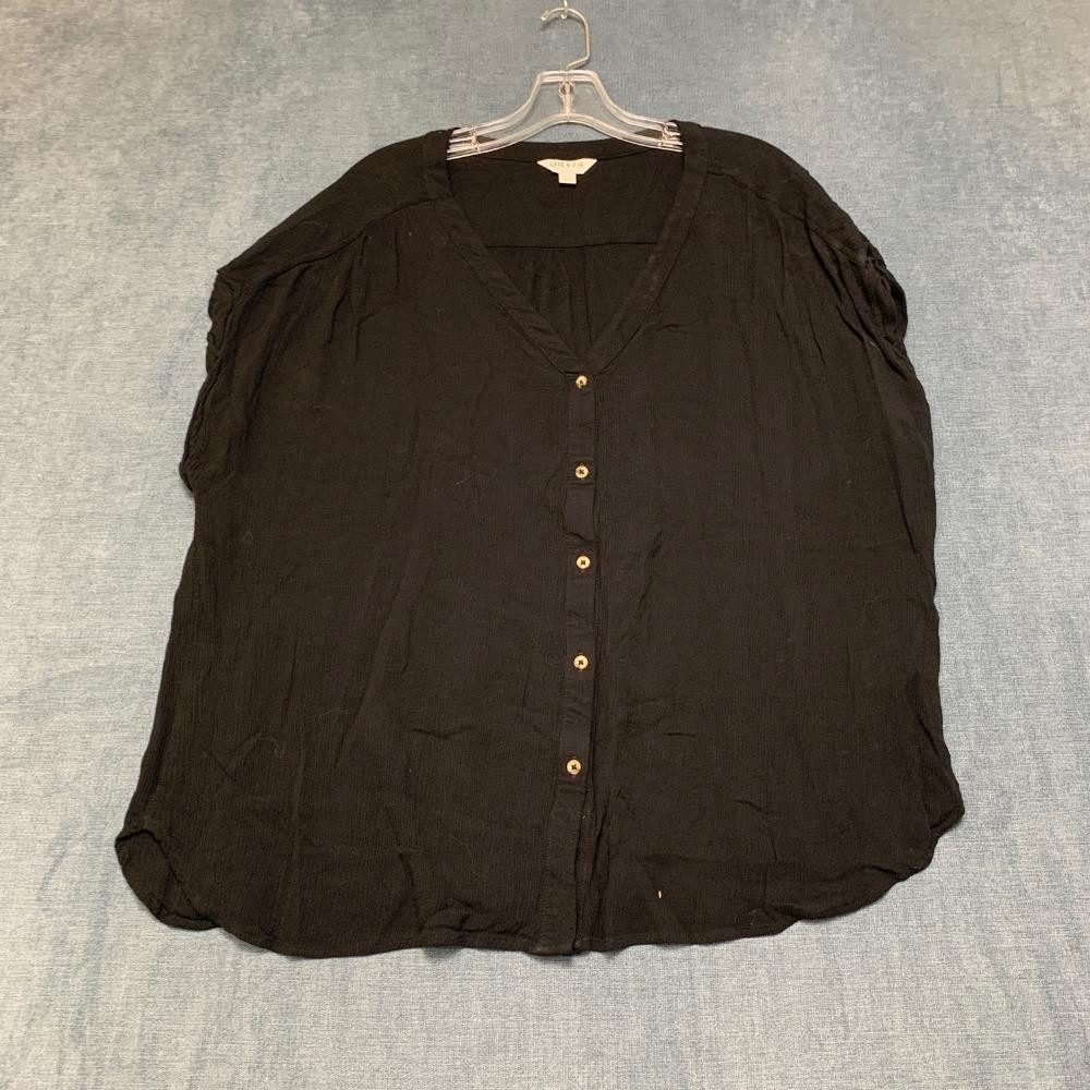 Orvis Blouse Top Womens XL Black V Neck Pleated Travel Relaxed Fit Button Front